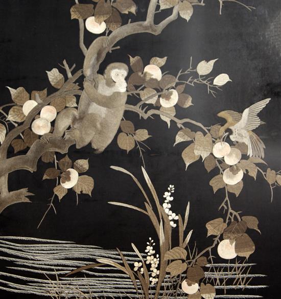 Two Japanese black silk panels, early 20th century, largest 64 x 57cm